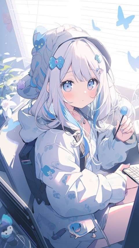 Cute Happy Anime Girl using Laptop Computer Aesthetic (632)