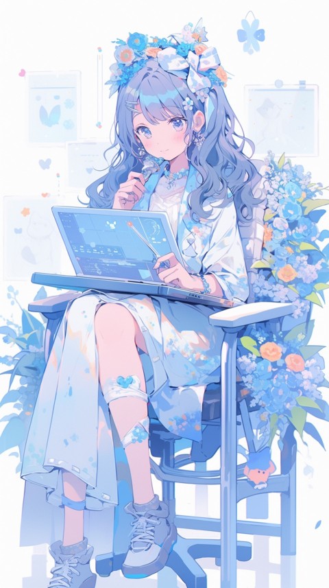 Cute Happy Anime Girl using Laptop Computer Aesthetic (615)