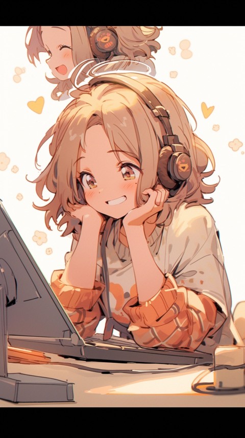 Cute Happy Anime Girl using Laptop Computer Aesthetic (614)