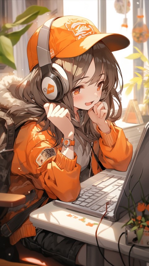 Cute Happy Anime Girl using Laptop Computer Aesthetic (650)