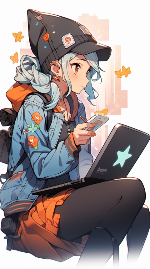 Cute Happy Anime Girl using Laptop Computer Aesthetic (604)
