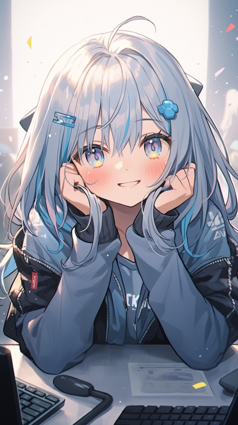 Cute Happy Anime Girl using Laptop Computer Aesthetic (631)