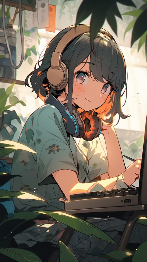 Cute Happy Anime Girl using Laptop Computer Aesthetic (624)