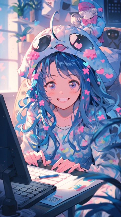 Cute Happy Anime Girl using Laptop Computer Aesthetic (602)