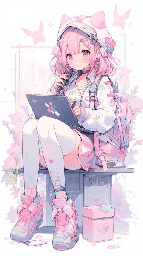 Cute Happy Anime Girl using Laptop Computer Aesthetic (698)