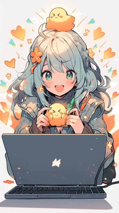 Cute Happy Anime Girl using Laptop Computer Aesthetic (667)