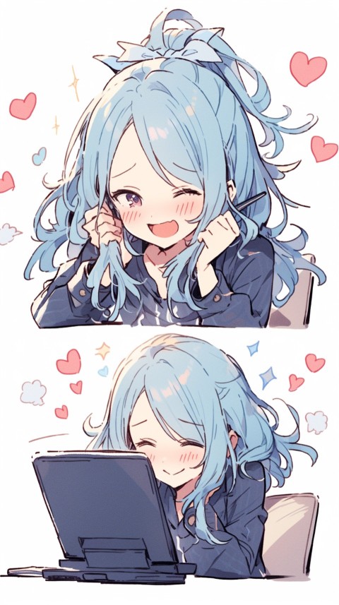 Cute Happy Anime Girl using Laptop Computer Aesthetic (661)