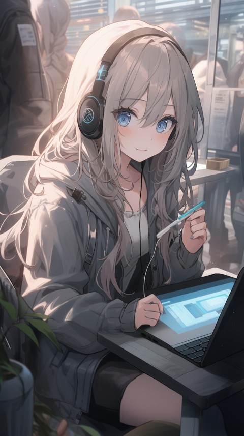 Cute Happy Anime Girl using Laptop Computer Aesthetic (660)