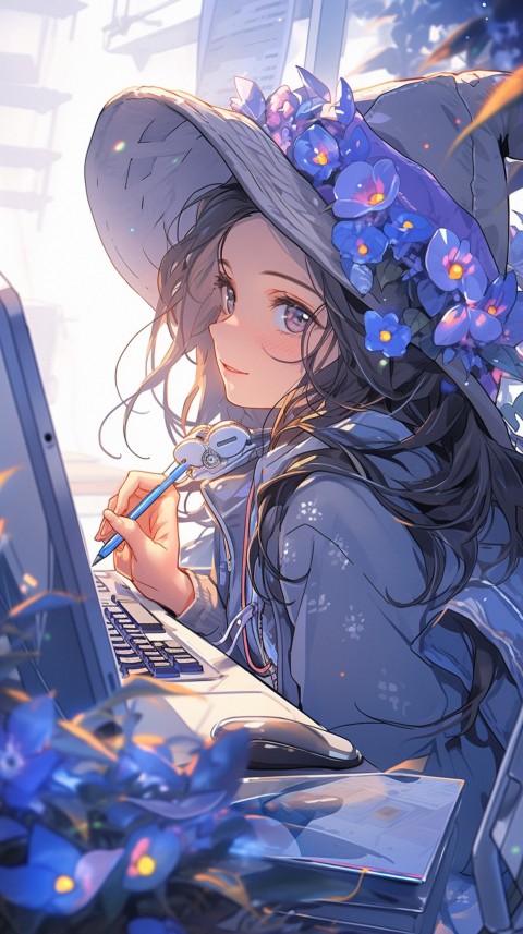 Cute Happy Anime Girl using Laptop Computer Aesthetic (666)