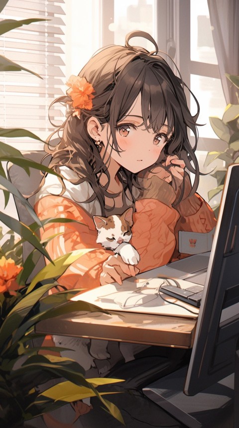 Cute Happy Anime Girl using Laptop Computer Aesthetic (693)