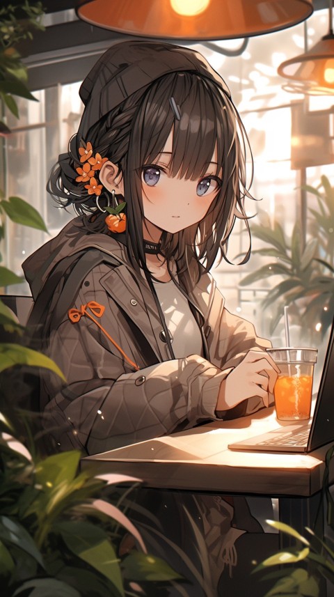 Cute Happy Anime Girl using Laptop Computer Aesthetic (684)
