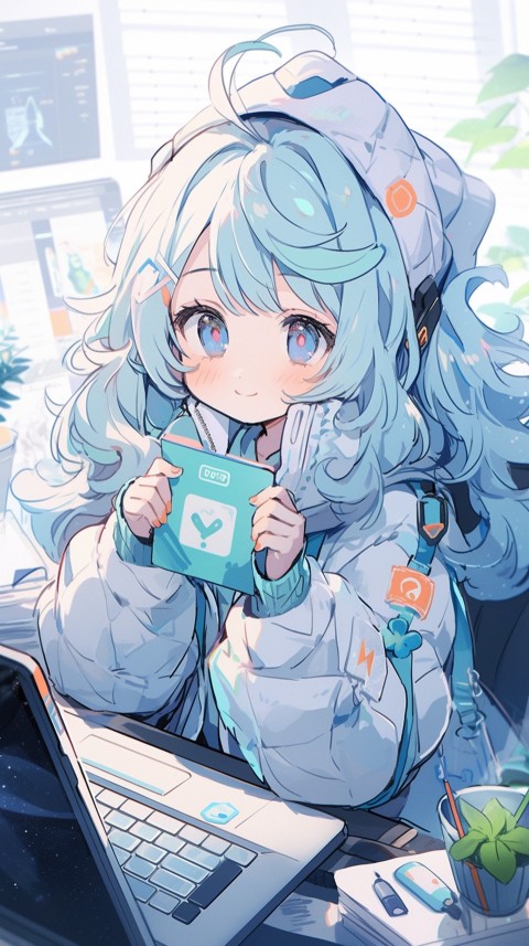 Cute Happy Anime Girl using Laptop Computer Aesthetic (676)