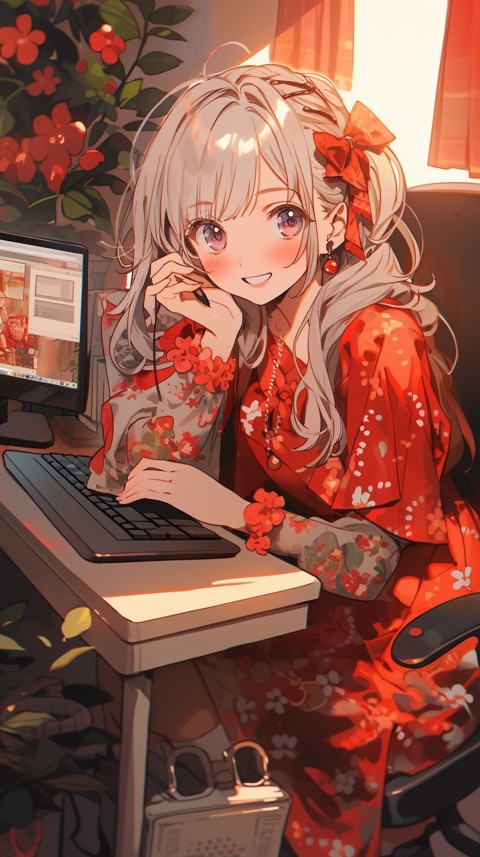 Cute Happy Anime Girl using Laptop Computer Aesthetic (671)