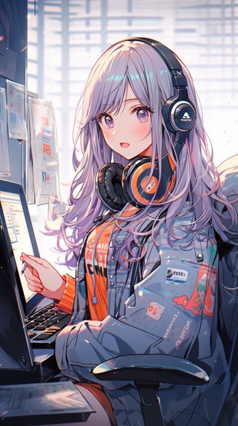 Cute Happy Anime Girl using Laptop Computer Aesthetic (689)