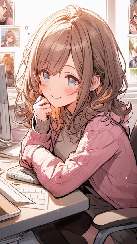 Cute Happy Anime Girl using Laptop Computer Aesthetic (699)