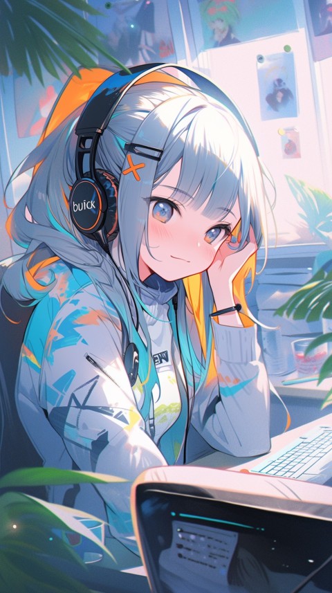 Cute Happy Anime Girl using Laptop Computer Aesthetic (694)