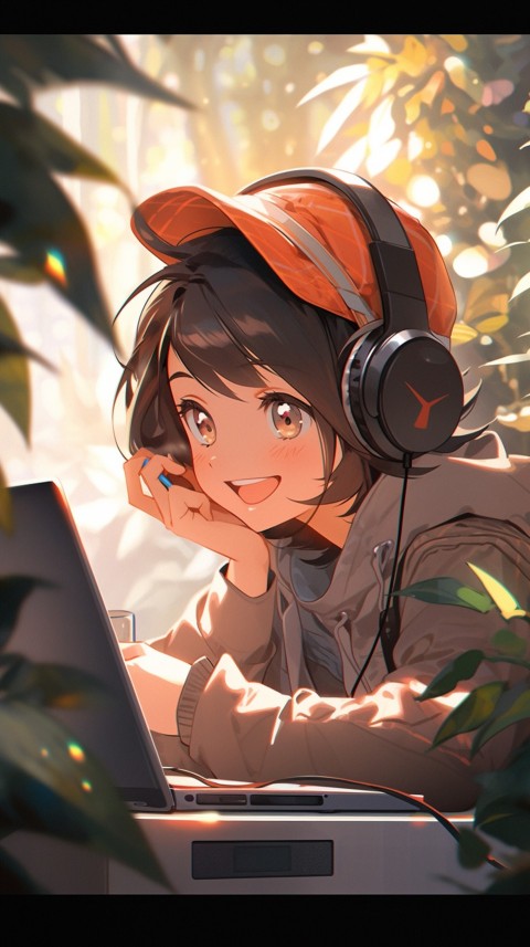 Cute Happy Anime Girl using Laptop Computer Aesthetic (713)