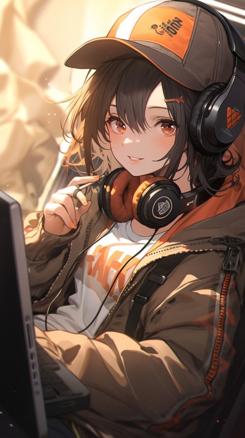 Cute Happy Anime Girl using Laptop Computer Aesthetic (717)
