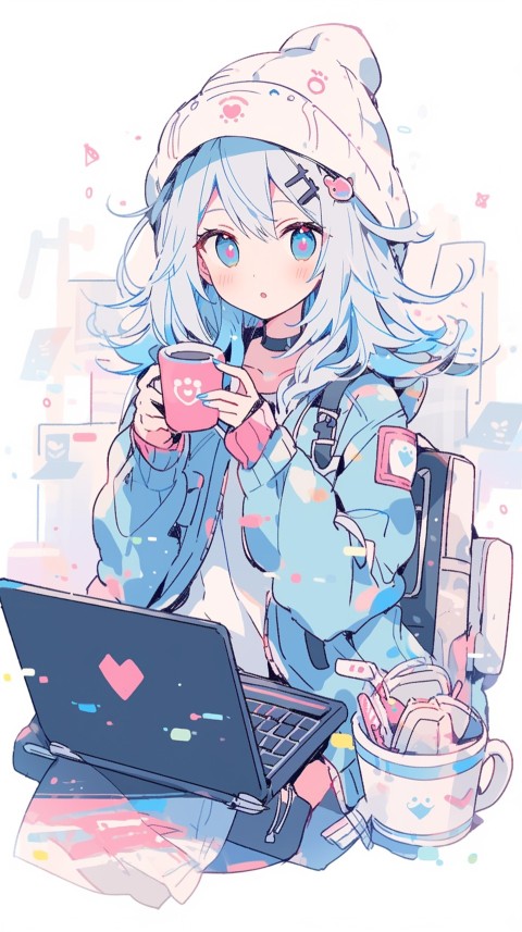 Cute Happy Anime Girl using Laptop Computer Aesthetic (728)