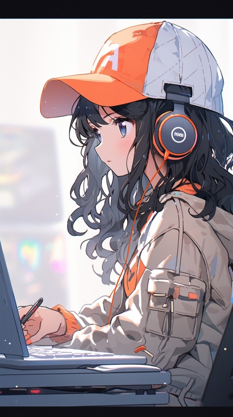 Cute Happy Anime Girl using Laptop Computer Aesthetic (722)