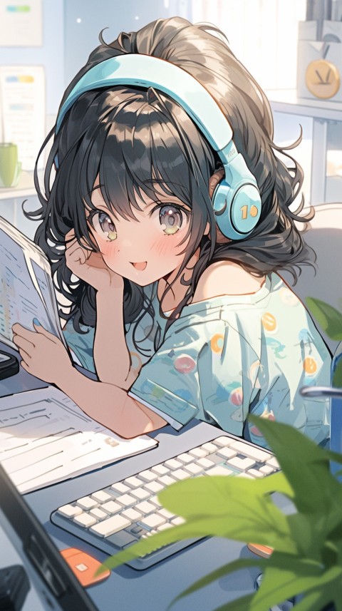 Cute Happy Anime Girl using Laptop Computer Aesthetic (715)