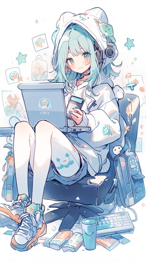 Cute Happy Anime Girl using Laptop Computer Aesthetic (716)
