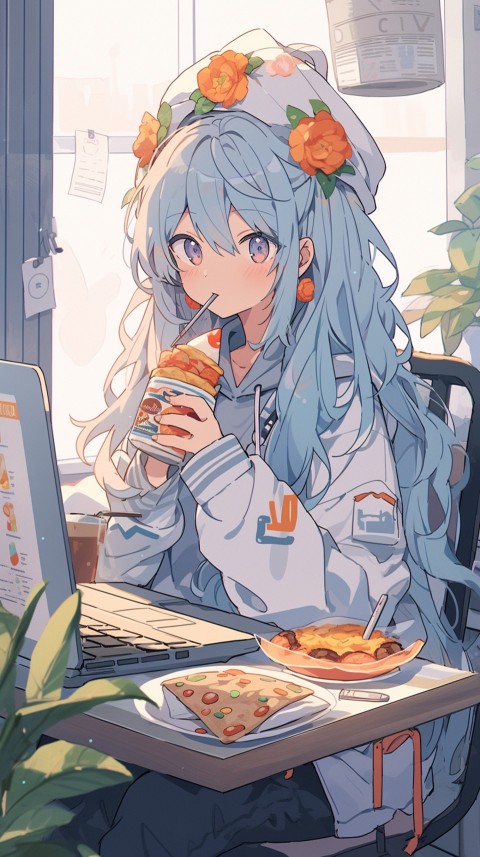 Cute Happy Anime Girl using Laptop Computer Aesthetic (718)