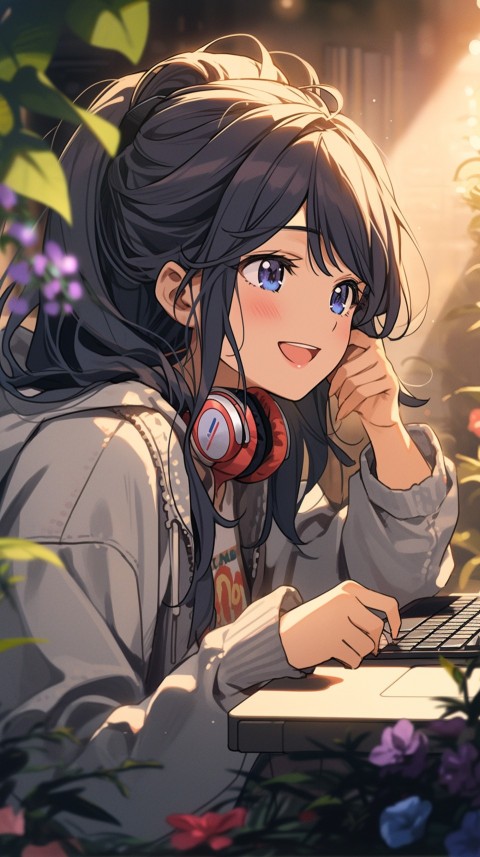 Cute Happy Anime Girl using Laptop Computer Aesthetic (712)