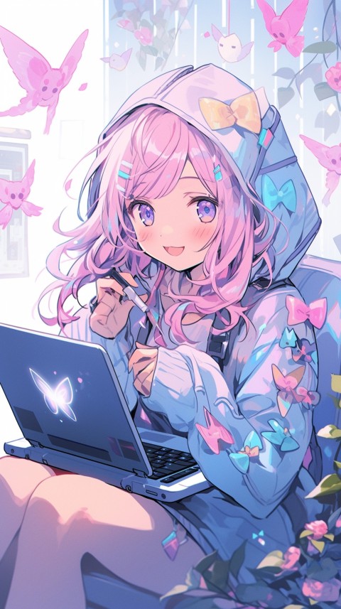 Cute Happy Anime Girl using Laptop Computer Aesthetic (710)