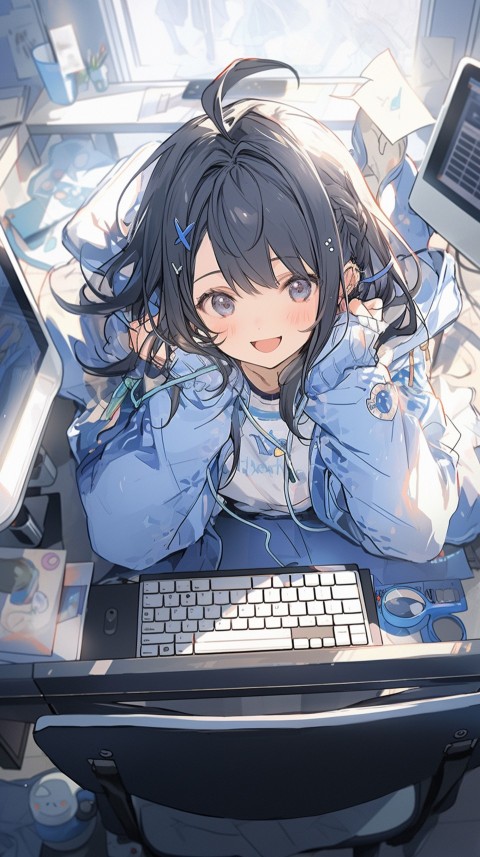 Cute Happy Anime Girl using Laptop Computer Aesthetic (725)