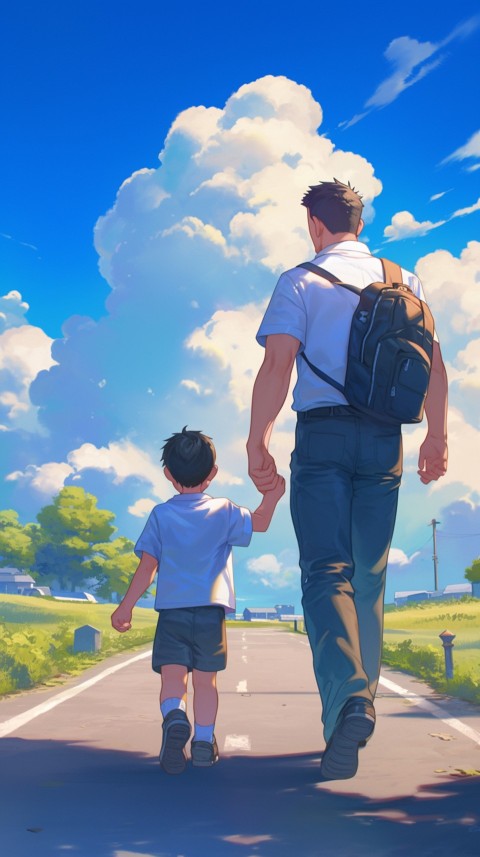 Anime Father Holding Hand of  Son Daughter Children on Going To School Aesthetics (17)
