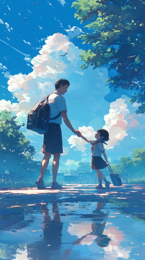 Anime Father Holding Hand of  Son Daughter Children on Going To School Aesthetics (23)