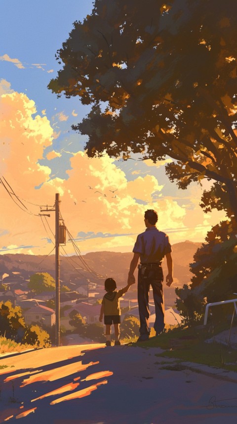 Anime Father Holding Hand of  Son Daughter Children on Going To School Aesthetics (24)