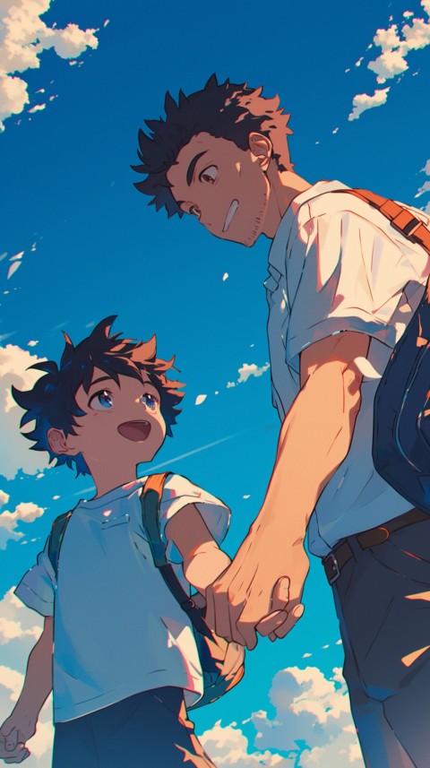 Anime Father Holding Hand of  Son Daughter Children on Going To School Aesthetics (35)
