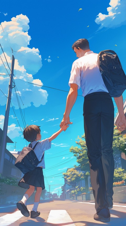 Anime Father Holding Hand of  Son Daughter Children on Going To School Aesthetics (31)