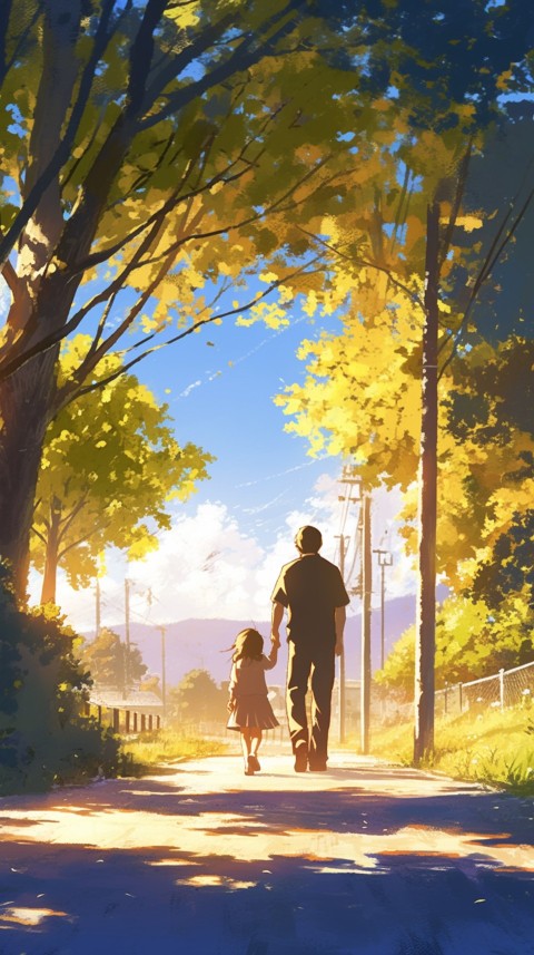 Anime Father Holding Hand of  Son Daughter Children on Going To School Aesthetics (37)