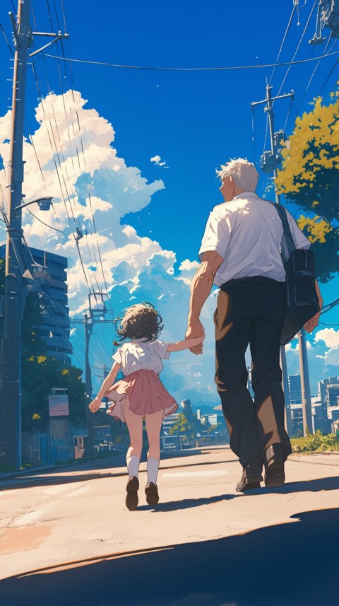 Anime Father Holding Hand of  Son Daughter Children on Going To School Aesthetics (38)