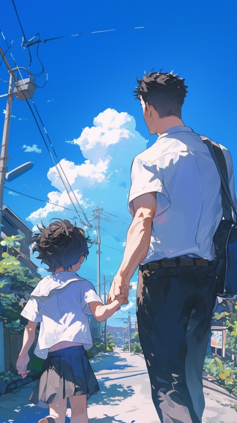 Anime Father Holding Hand of  Son Daughter Children on Going To School Aesthetics (18)