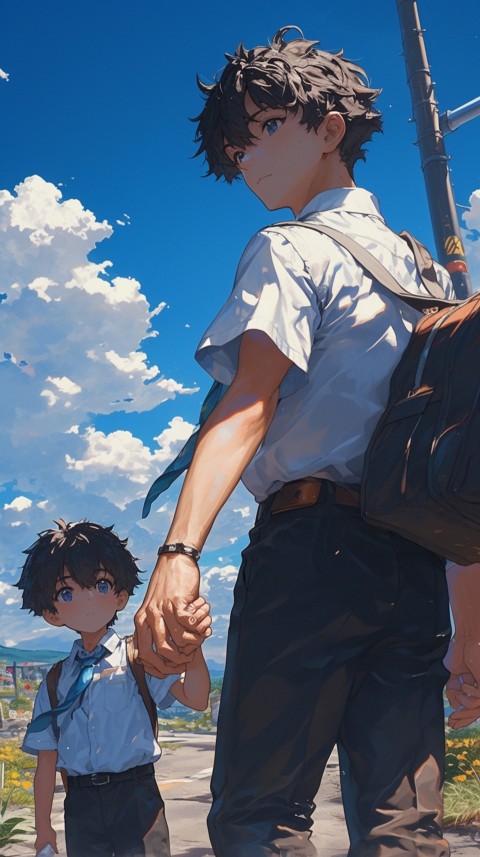 Anime Father Holding Hand of  Son Daughter Children on Going To School Aesthetics (11)