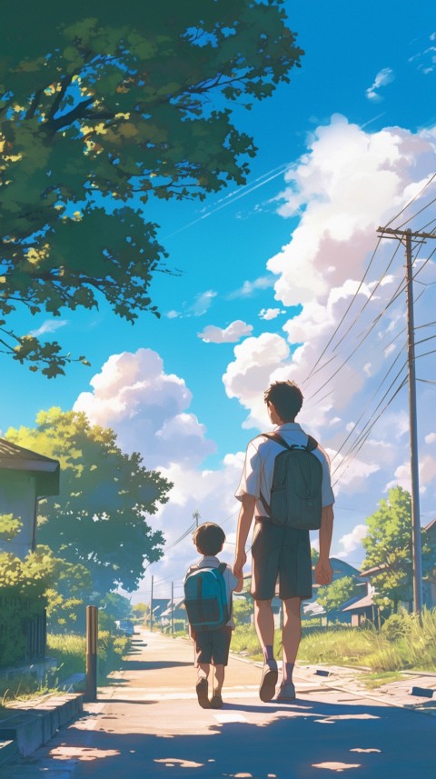 Anime Father Holding Hand of  Son Daughter Children on Going To School Aesthetics (4)