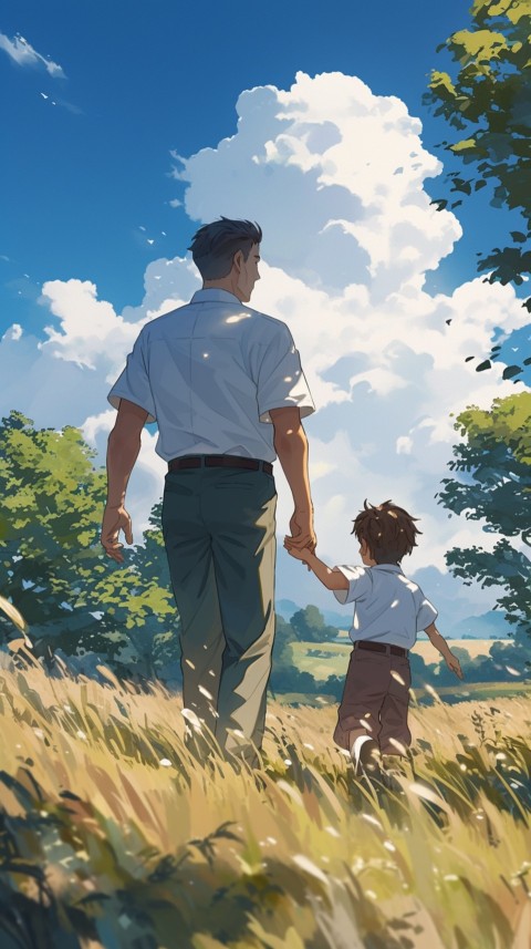 Anime Father Walking hand in Hand with Son Daughter Aesthetic (100)