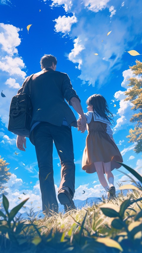 Anime Father Walking hand in Hand with Son Daughter Aesthetic (155)