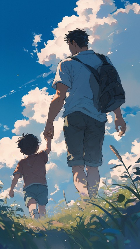 Anime Father Walking hand in Hand with Son Daughter Aesthetic (196)