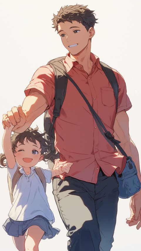 Anime Father Walking hand in Hand with Son Daughter Aesthetic (201)
