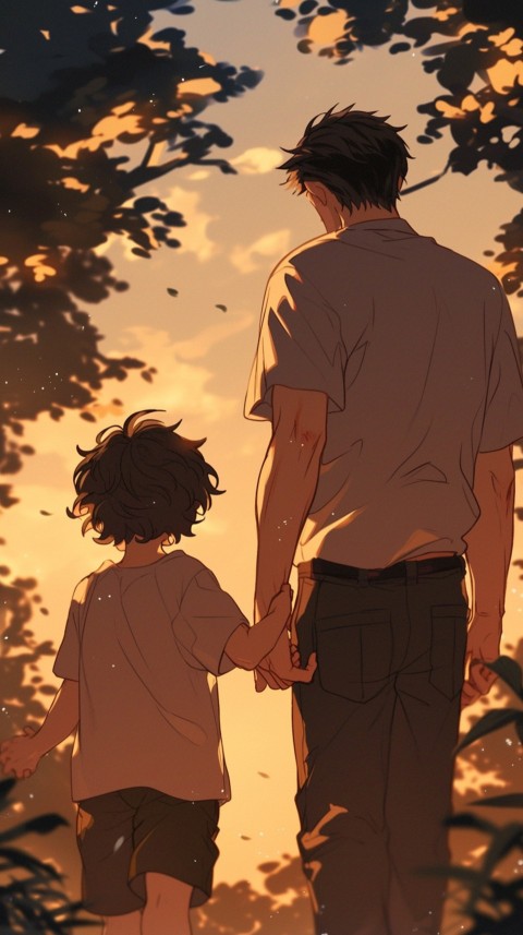 Anime Father Walking hand in Hand with Son Daughter Aesthetic (300)