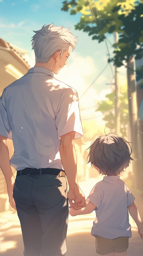 Anime Father Walking hand in Hand with Son Daughter Aesthetic (282)