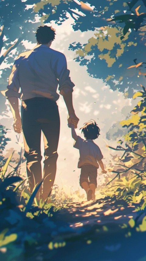 Anime Father Walking hand in Hand with Son Daughter Aesthetic (261)