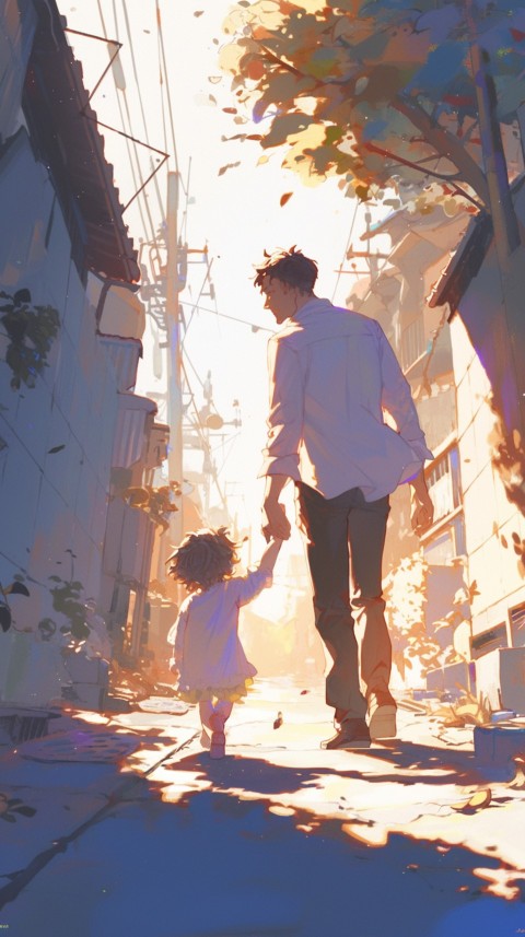 Anime Father Walking hand in Hand with Son Daughter Aesthetic (266)