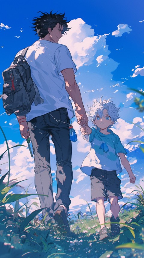 Anime Father Walking hand in Hand with Son Daughter Aesthetic (298)