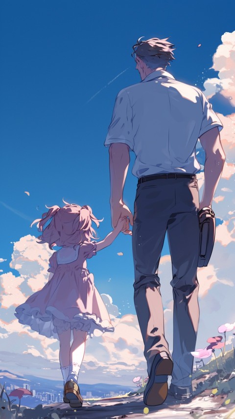 Anime Father Walking hand in Hand with Son Daughter Aesthetic (308)